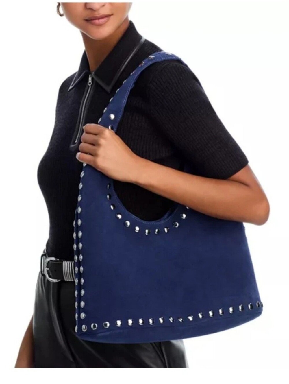 Aqua Navy Suede Studded Hobo Bag